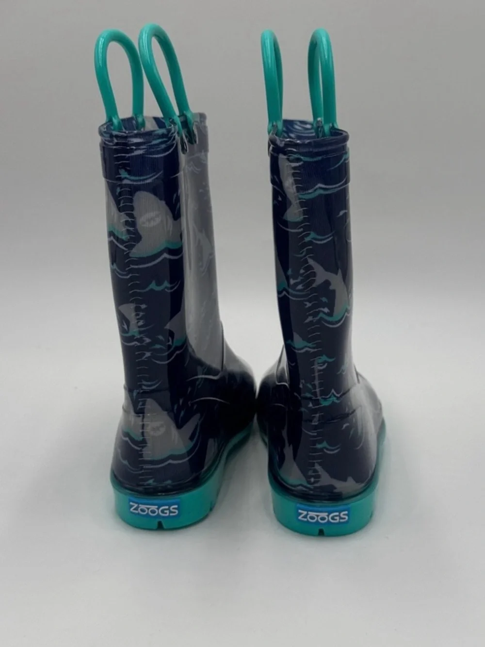 Kids Navy Shark Rain Boots with Teal Handles Size 10